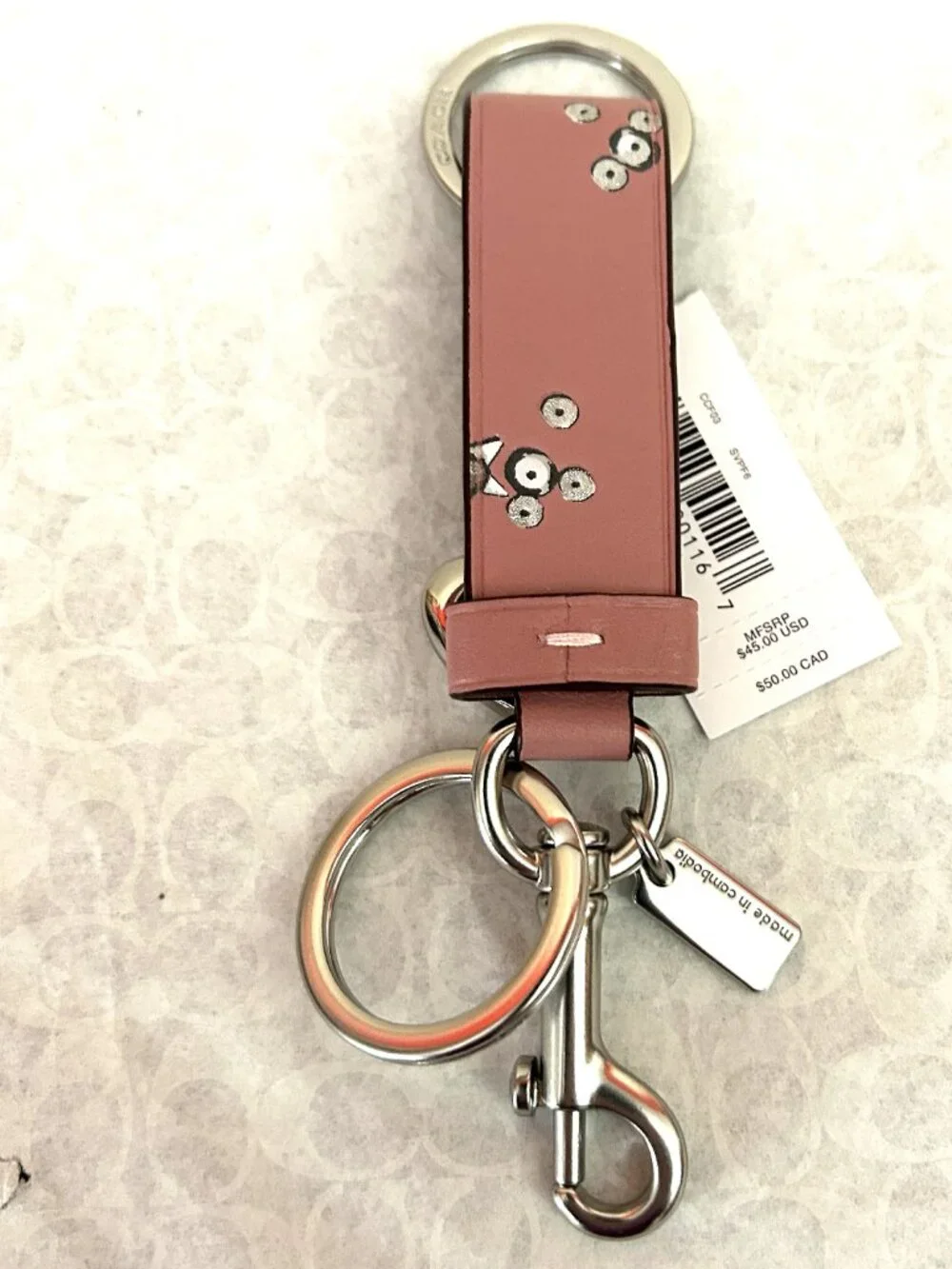 NWT Coach Pink Star Print Trigger Snap Key Ring, CCF03